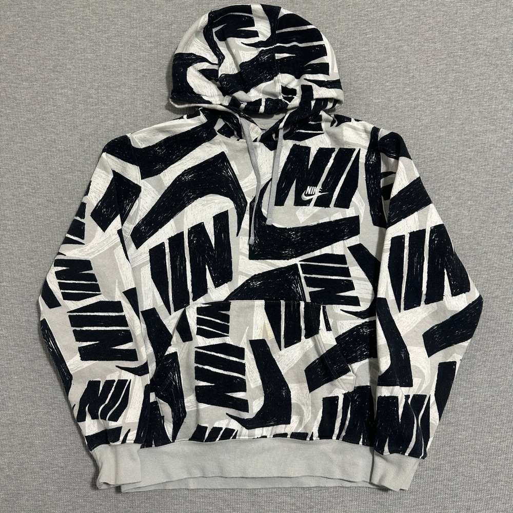 Nike‎ Sportswear Swoosh All Over Print Fleece Pullover Hoodie White Black Medium